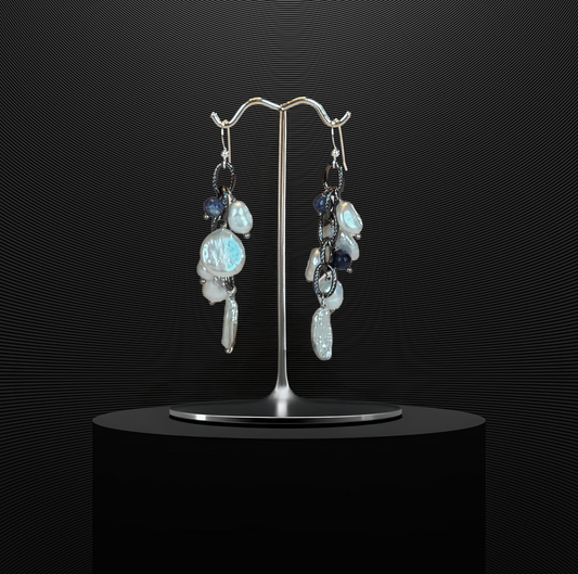 Sodalite cluster earrings with freshwater pearls on sterling silver wire.