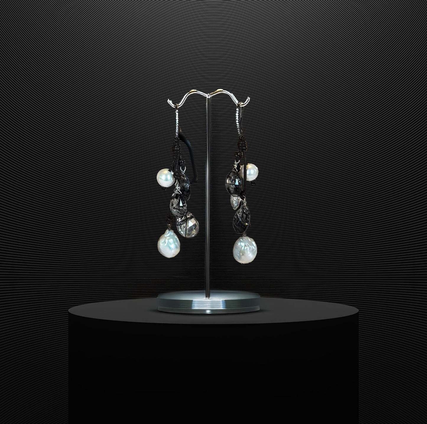 Freshwater pearl earrings with quartz drops on Greek leather