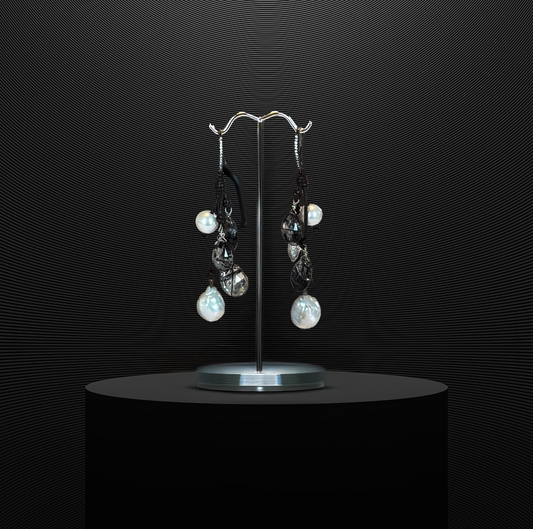 Freshwater pearl earrings with quartz drops on Greek leather